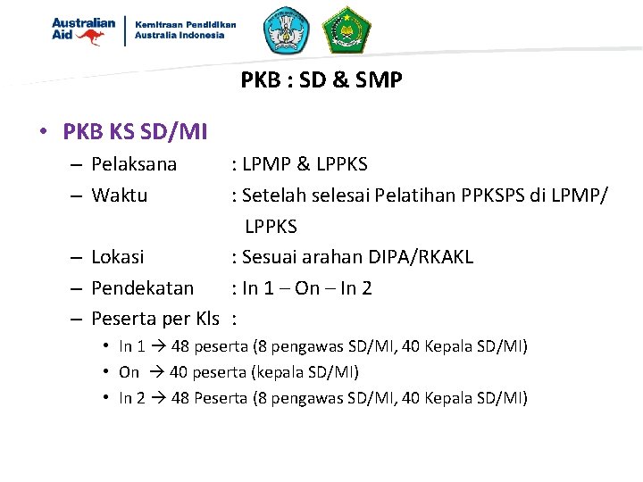 PKB : SD & SMP • PKB KS SD/MI – Pelaksana – Waktu :