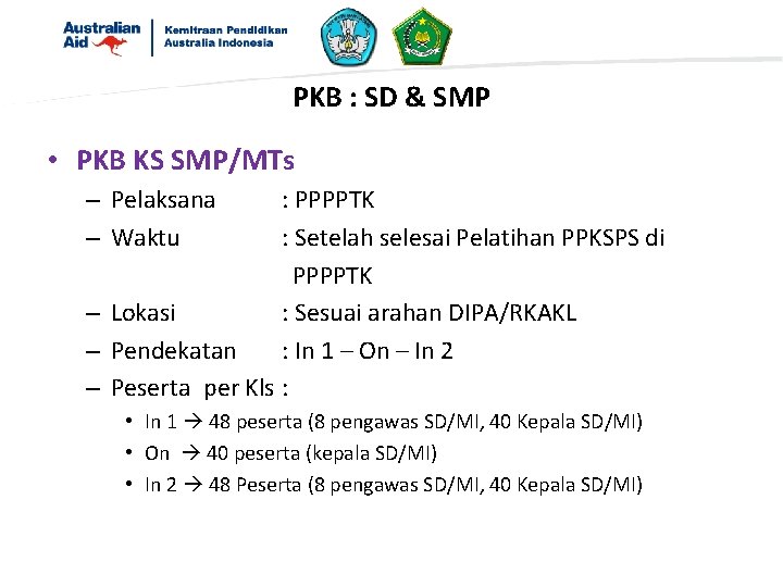 PKB : SD & SMP • PKB KS SMP/MTs – Pelaksana – Waktu :