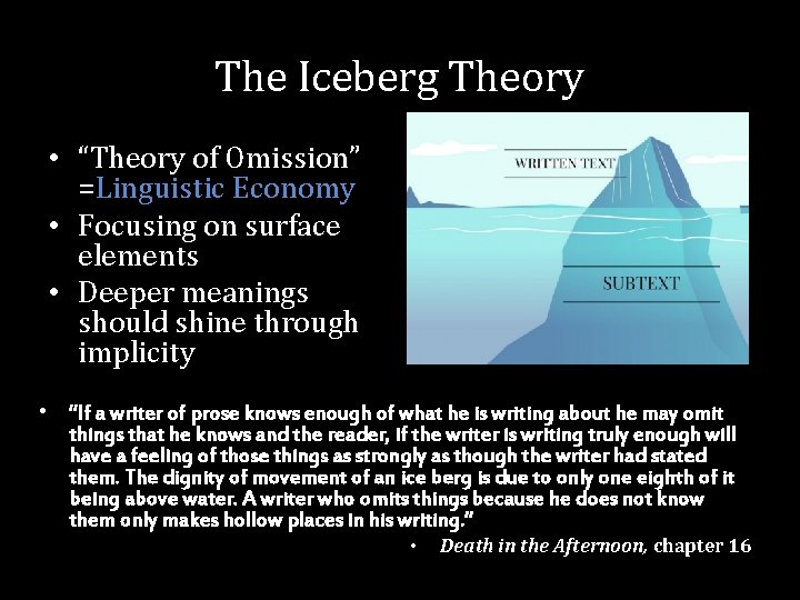 The Iceberg Theory • “Theory of Omission” =Linguistic Economy • Focusing on surface elements