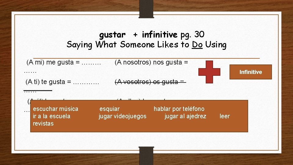 gustar + infinitive pg. 30 Saying What Someone Likes to Do Using (A mi)