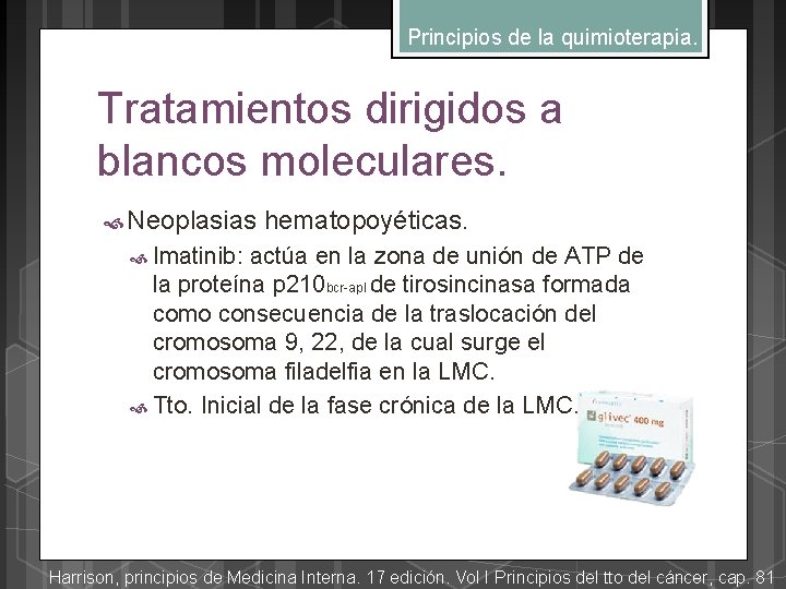 Principios de la quimioterapia. Tratamientos dirigidos a blancos moleculares. Neoplasias hematopoyéticas. Imatinib: actúa en