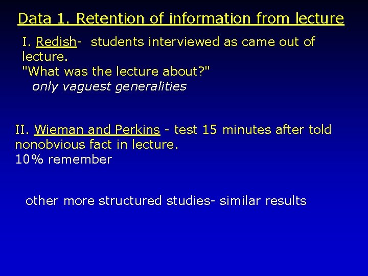 Data 1. Retention of information from lecture I. Redish- students interviewed as came out