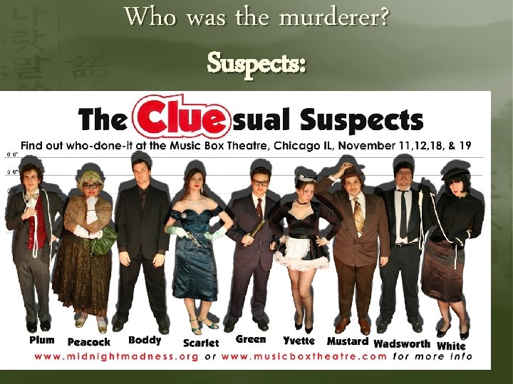 Who was the murderer? Suspects: 