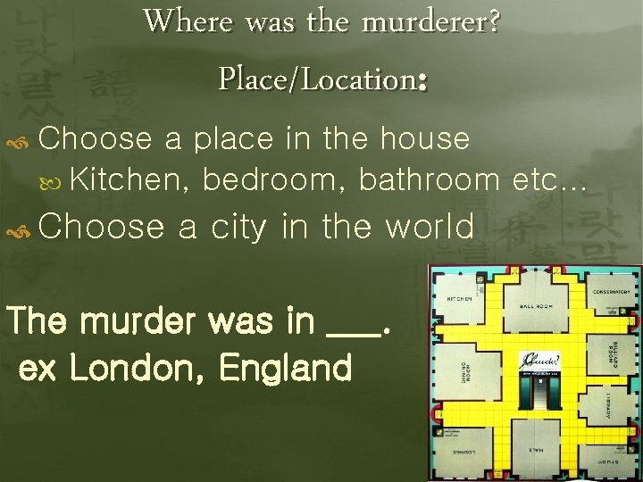 Where was the murderer? Place/Location: Choose a place in the house Kitchen, bedroom, bathroom