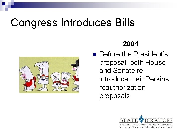 Congress Introduces Bills n 2004 Before the President’s proposal, both House and Senate reintroduce