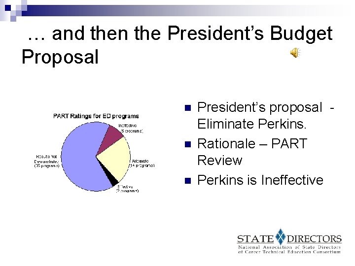 … and then the President’s Budget Proposal n n n President’s proposal Eliminate Perkins.