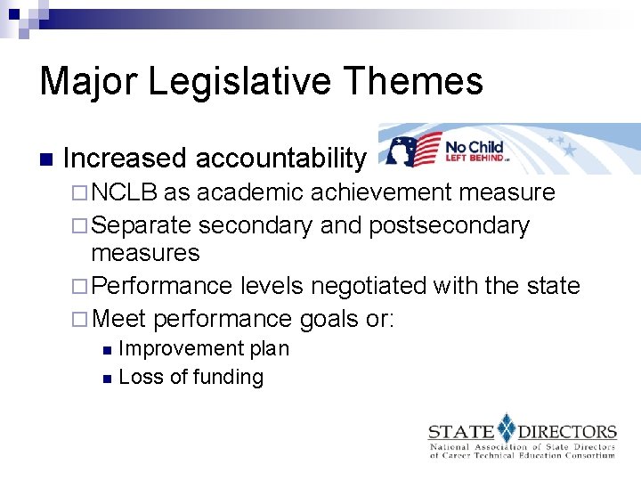 Major Legislative Themes n Increased accountability ¨ NCLB as academic achievement measure ¨ Separate