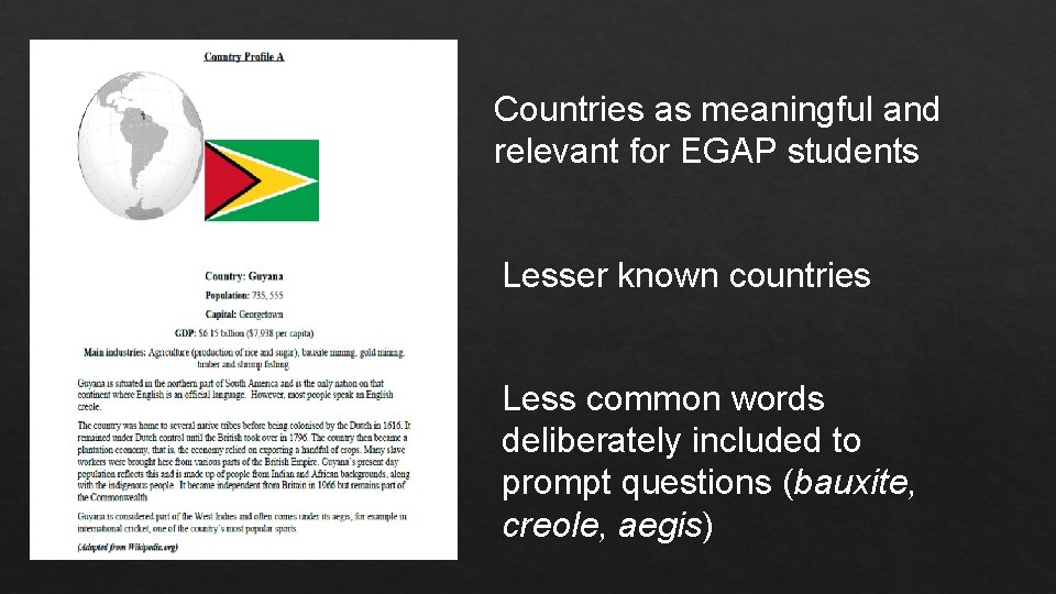 Countries as meaningful and relevant for EGAP students Lesser known countries Less common words