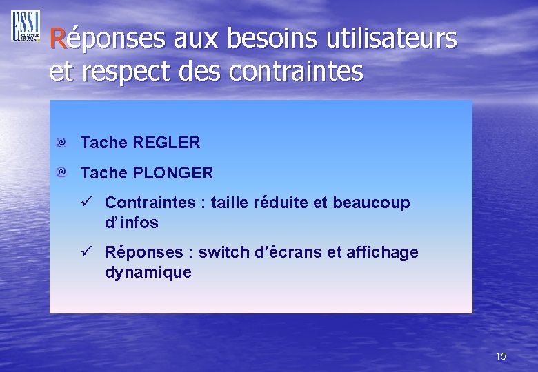 Réponses aux besoins utilisateurs et respect des contraintes Tache REGLER Tache PLONGER ü Contraintes