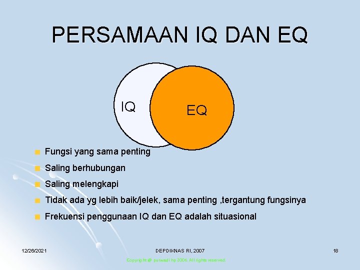 PERSAMAAN IQ DAN EQ IQ EQ Fungsi yang sama penting Saling berhubungan Saling melengkapi