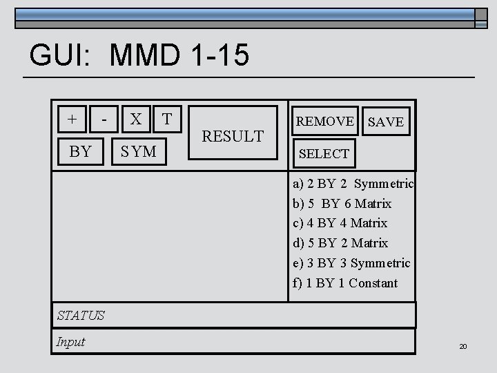 GUI: MMD 1 -15 + - BY X SYM T RESULT REMOVE SAVE SELECT