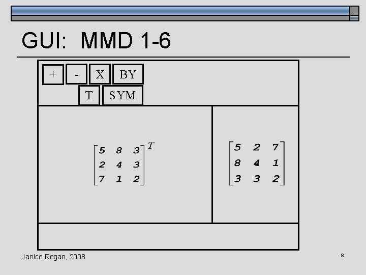 GUI: MMD 1 -6 + - X T Janice Regan, 2008 BY SYM 8