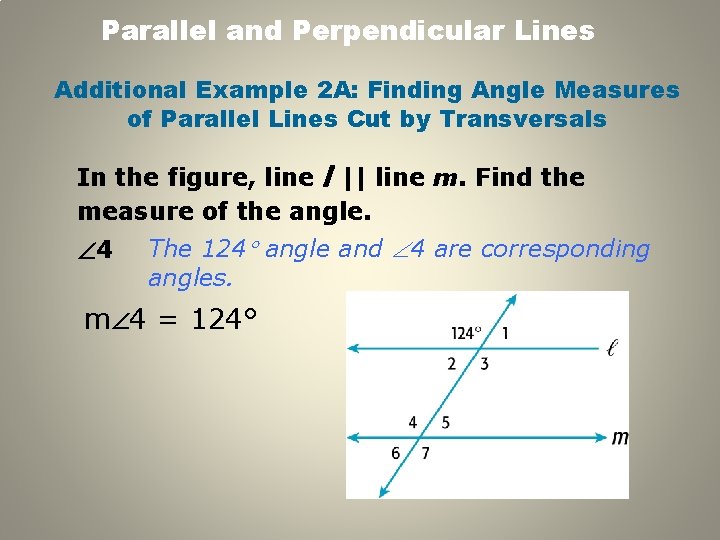Parallel and Perpendicular Lines Additional Example 2 A: Finding Angle Measures of Parallel Lines