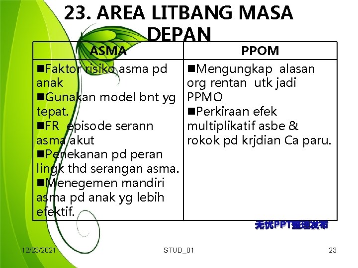 23. AREA LITBANG MASA DEPAN ASMA Faktor risiko asma pd anak Gunakan model bnt