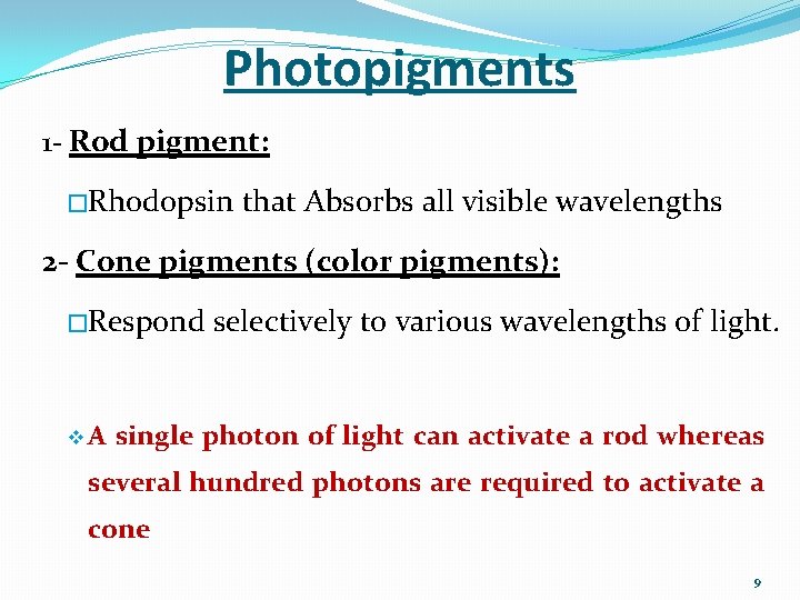 Photopigments 1 - Rod pigment: �Rhodopsin that Absorbs all visible wavelengths 2 - Cone