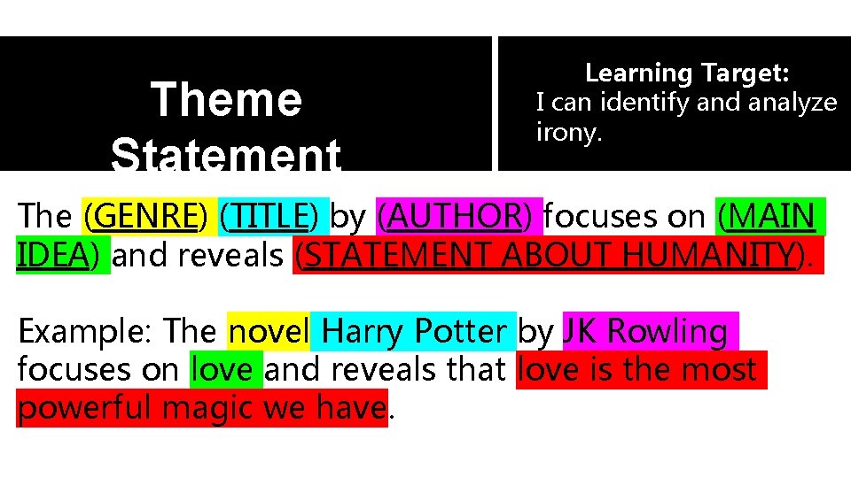 Theme Statement Learning Target: I can identify and analyze irony. The (GENRE) (TITLE) by