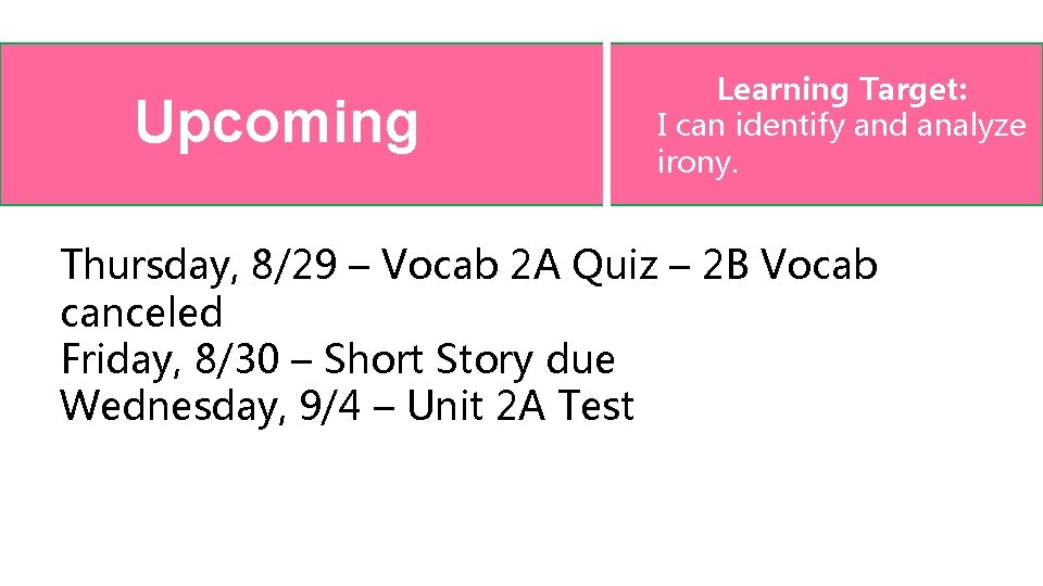 Upcoming Learning Target: I can identify and analyze irony. Thursday, 8/29 – Vocab 2