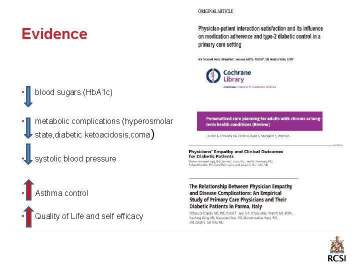 Evidence • blood sugars (Hb. A 1 c) • metabolic complications (hyperosmolar state, diabetic