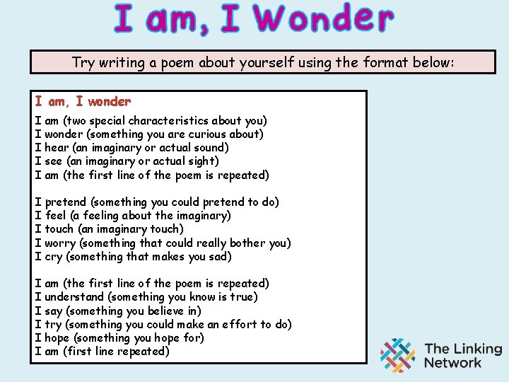 Try writing a poem about yourself using the format below: I am, I wonder