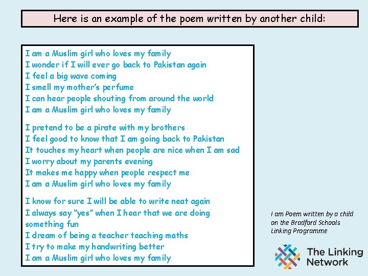 Here is an example of the poem written by another child: I am a