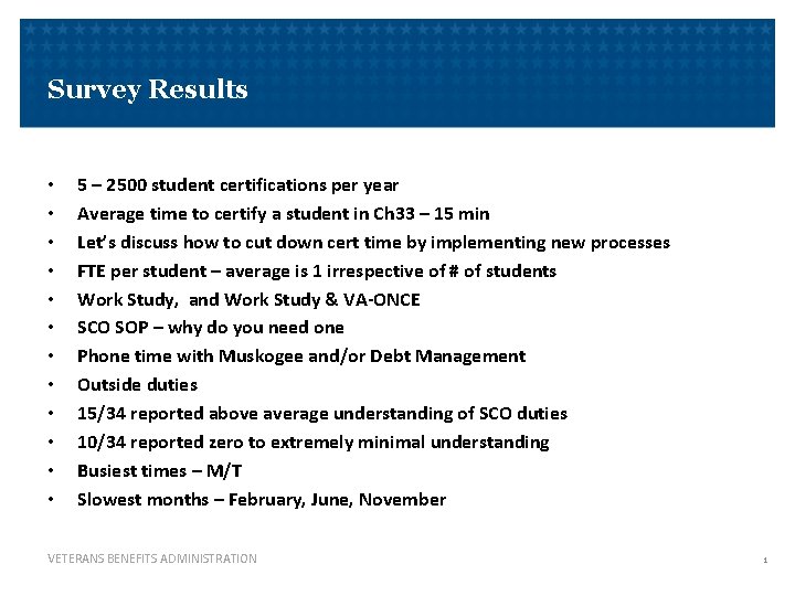 Survey Results • • • 5 – 2500 student certifications per year Average time