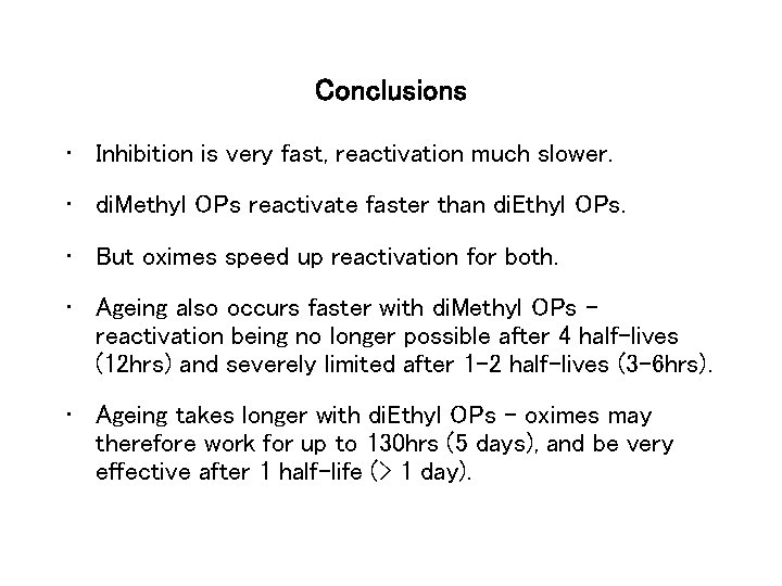 Conclusions • Inhibition is very fast, reactivation much slower. • di. Methyl OPs reactivate