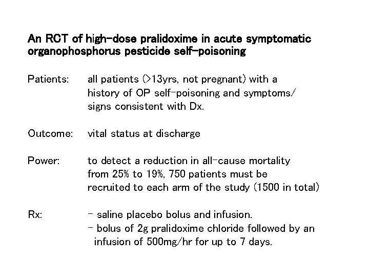 An RCT of high-dose pralidoxime in acute symptomatic organophosphorus pesticide self-poisoning Patients: all patients