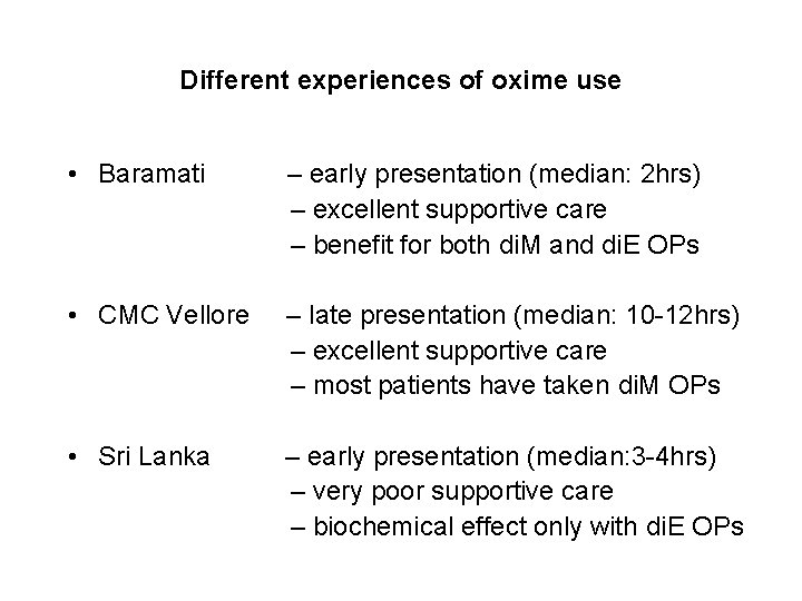 Different experiences of oxime use • Baramati – early presentation (median: 2 hrs) –