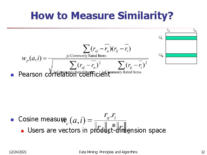 How to Measure Similarity? i 1 in ui ua n Pearson correlation coefficient n