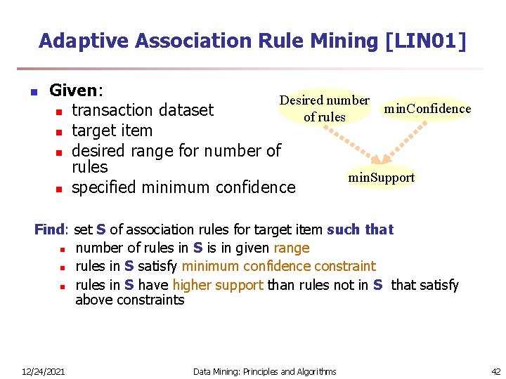 Adaptive Association Rule Mining [LIN 01] n Given: Desired number min. Confidence n transaction