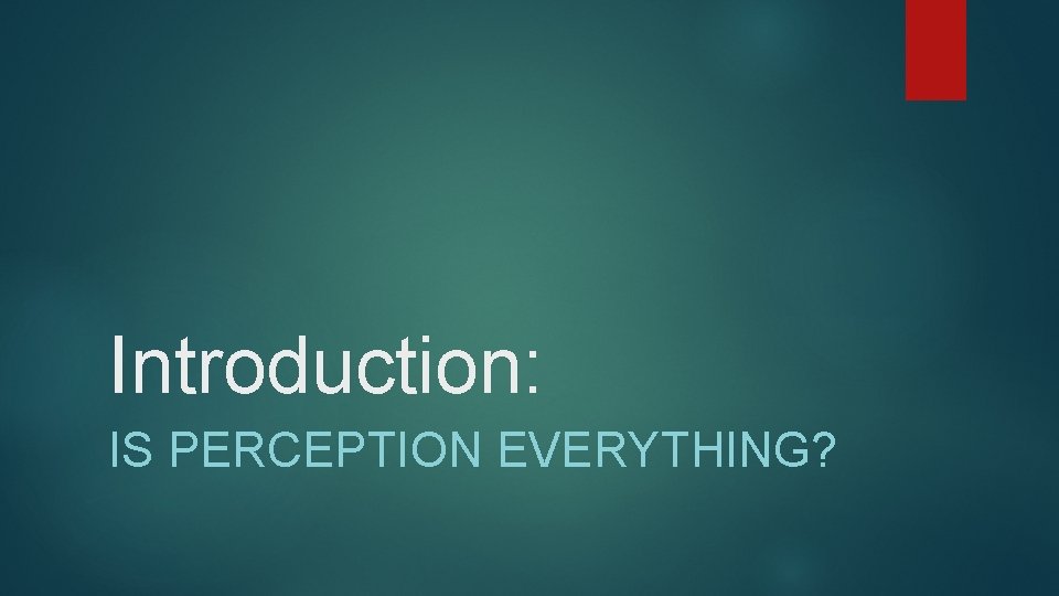 Introduction: IS PERCEPTION EVERYTHING? 