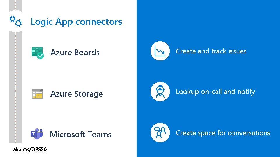 Logic App connectors Azure Boards Create and track issues Azure Storage Lookup on-call and