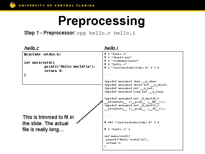 Preprocessing Step 1 - Preprocessor: cpp hello. c hello. i #include <stdio. h> #