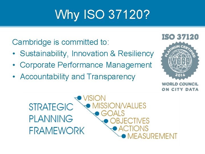 Why ISO 37120? Cambridge is committed to: • Sustainability, Innovation & Resiliency • Corporate