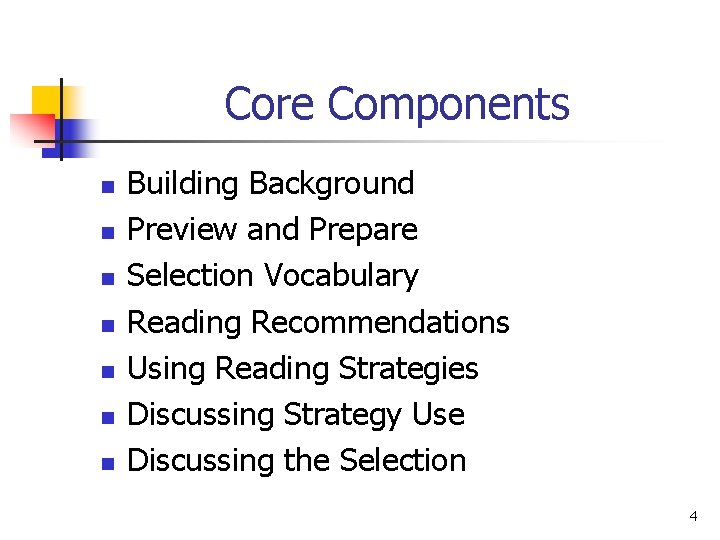 Core Components n n n n Building Background Preview and Prepare Selection Vocabulary Reading