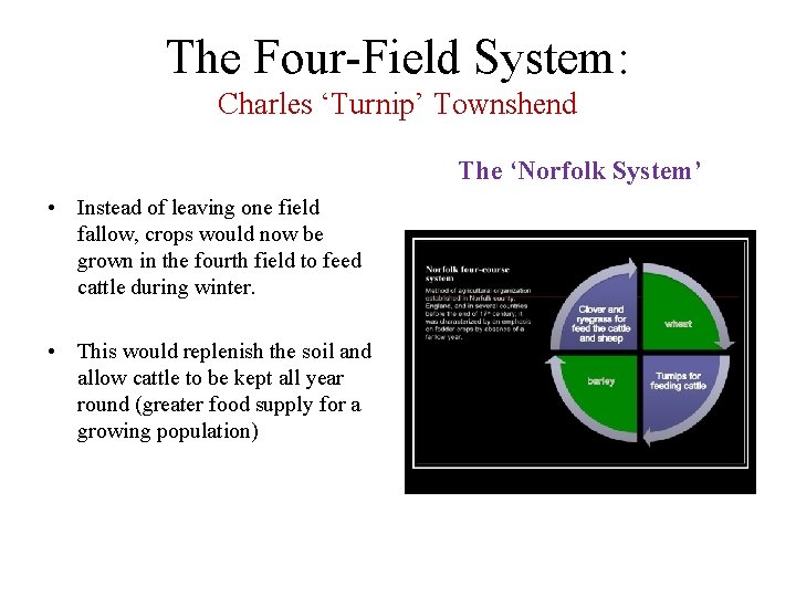 The Four-Field System: Charles ‘Turnip’ Townshend The ‘Norfolk System’ • Instead of leaving one