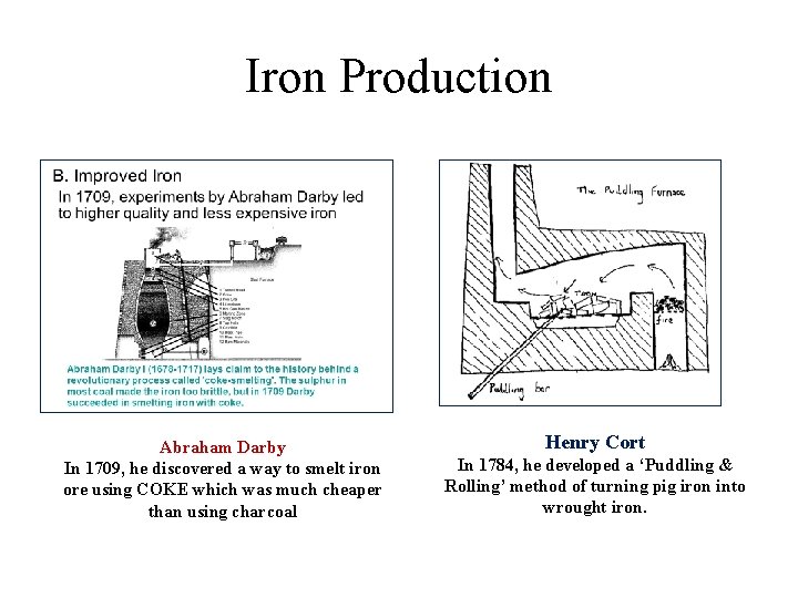 Iron Production Abraham Darby In 1709, he discovered a way to smelt iron ore