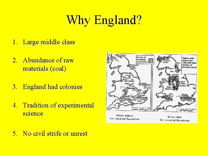 Why England? 1. Large middle class 2. Abundance of raw materials (coal) 3. England