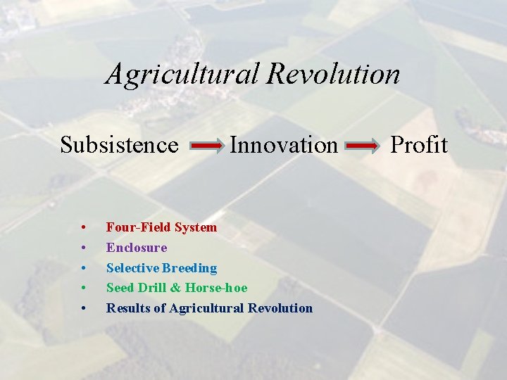 Agricultural Revolution Subsistence • • • Innovation Four-Field System Enclosure Selective Breeding Seed Drill