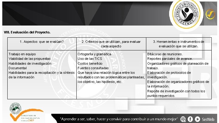 VIII. Evaluación del Proyecto. 1. Aspectos que se evalúan? 2. Criterios que se utilizan,