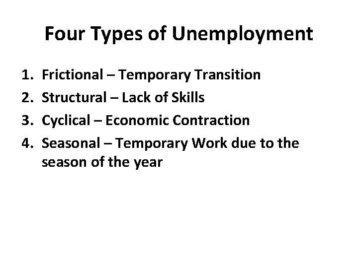 Four Types of Unemployment 1. 2. 3. 4. Frictional – Temporary Transition Structural –