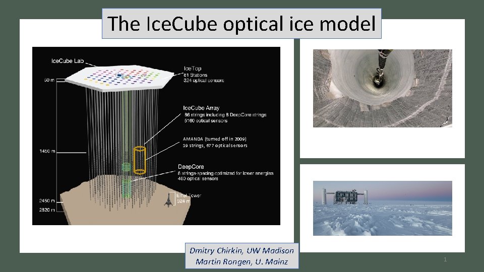 The Ice. Cube optical ice model AMANDA (turned off in 2009) 19 strings, 677