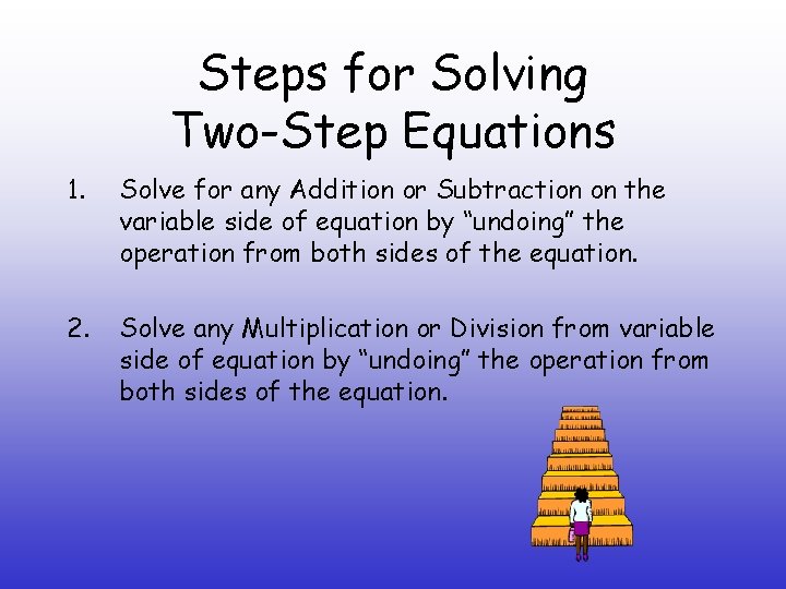 Steps for Solving Two-Step Equations 1. Solve for any Addition or Subtraction on the