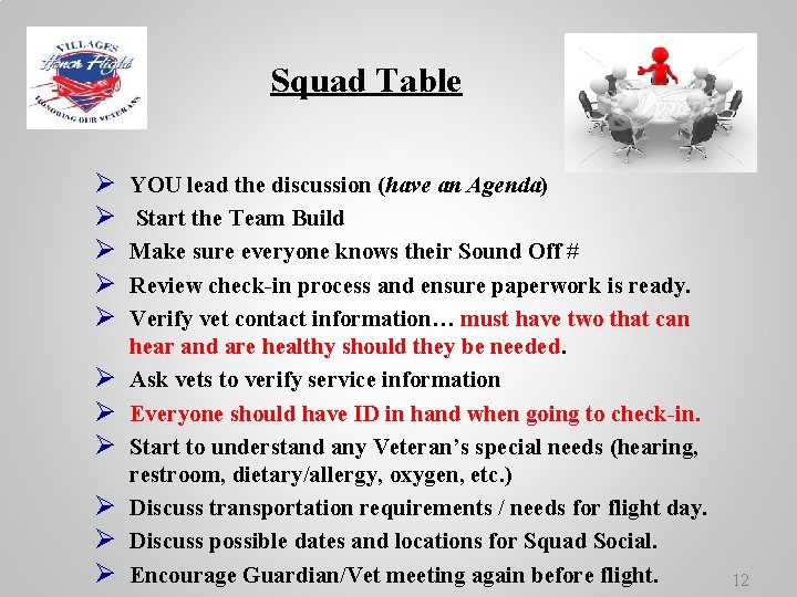 Squad Table Ø Ø Ø YOU lead the discussion (have an Agenda) Start the