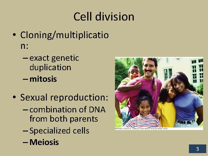 Cell division • Cloning/multiplicatio n: – exact genetic duplication – mitosis • Sexual reproduction: