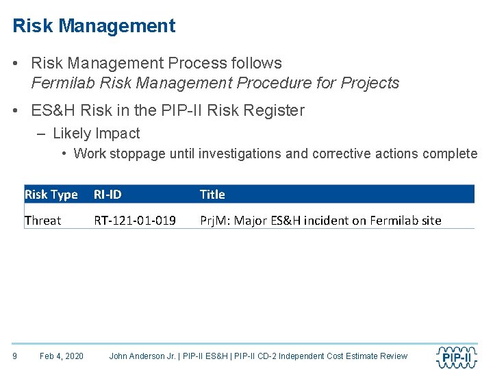 Risk Management • Risk Management Process follows Fermilab Risk Management Procedure for Projects •
