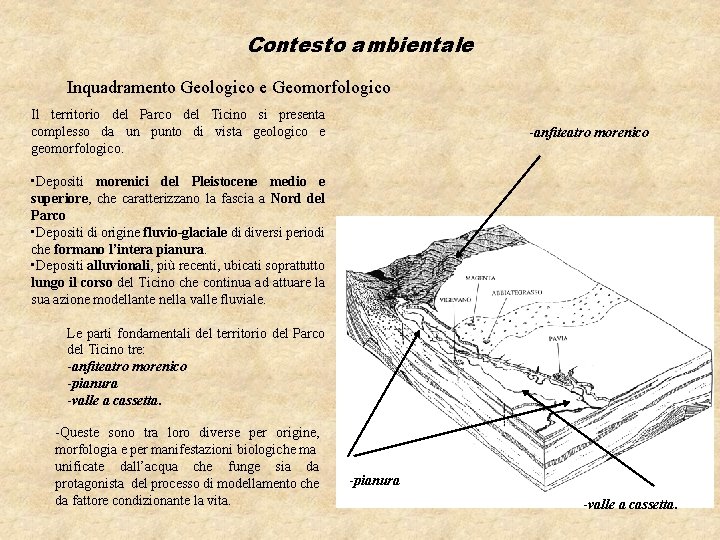 Contesto ambientale Inquadramento Geologico e Geomorfologico Il territorio del Parco del Ticino si presenta