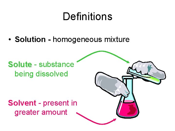 Definitions • Solution - homogeneous mixture Solute - substance being dissolved Solvent - present
