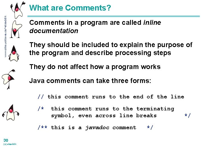 www. site. uottawa. ca/~elsaddik What are Comments? Comments in a program are called inline