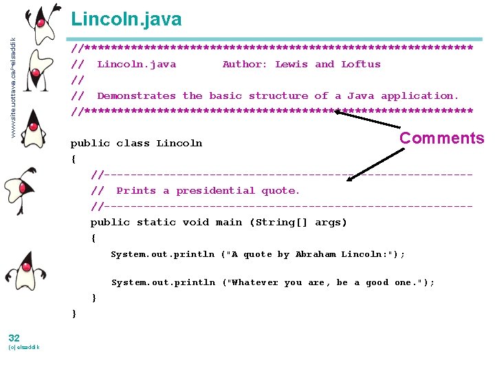 www. site. uottawa. ca/~elsaddik Lincoln. java //****************************** // Lincoln. java Author: Lewis and Loftus